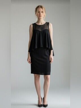 NWT! KARINA! BLACK CHIFFON LAYERED, HI-LO TOP SECTION, FLOWY DREAMY DRESS! SZ 10